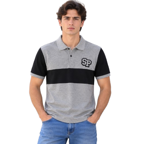 Playera Polo Jaspe Color Block "SP" - Gris Jaspe / Negro( 12863)