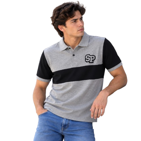 Playera Polo Jaspe Color Block "SP" - Gris Jaspe / Negro( 12863)