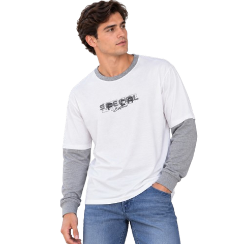 Playera Doble Manga "SPECIAL Edition" - Blanco / Gris Jaspe (20886)