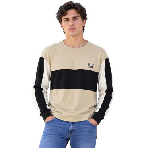 Playera Manga Larga Color Block "SP" - Khaki / Hueso / Negro(20888)