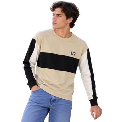 Playera Manga Larga Color Block "SP" - Khaki / Hueso / Negro(20888)