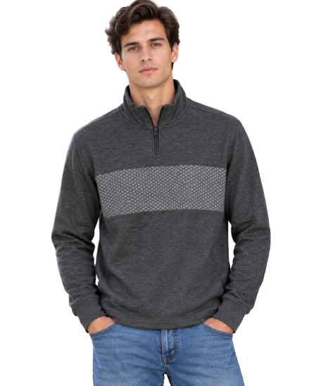 Sudadera Cuello Alto con Medio Cierre y Franja Texturizada - Gris Jaspe Oscuro (31054)